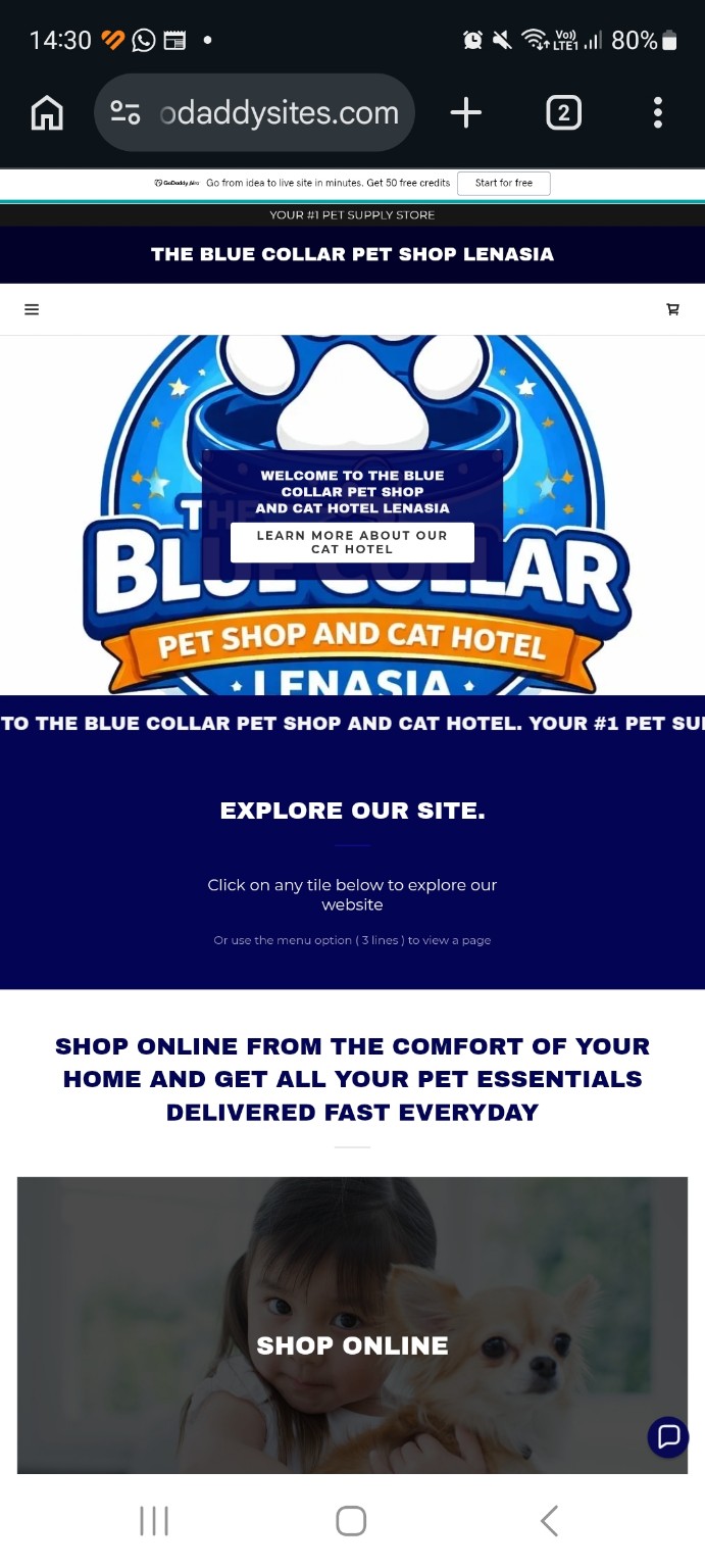 The Blue Collar Pet Shop and Cat Hotel Lenasia website